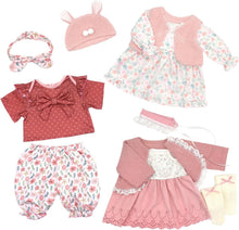 Load image into Gallery viewer, Reborn Doll Clothes for 20-22 Inch Dolls, 3 Sets 20 Inch Baby Doll Clothes Accessories 10 Pcs with Dress Coat Outfits, Headbands, Socks, Top and Pants for 20"- 22" Baby Dolls
