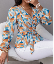 Load image into Gallery viewer, Random Geo Print Belted Blouse

