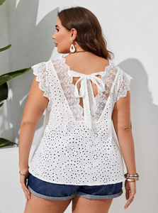 VCAY Plus Tie Back Embroidery Mesh Blouse
