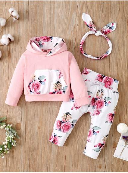 SHEIN Kids Charming Toddler Girl Floral Print Hoodie With Pants & Headband