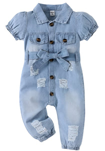 Baby Girl Puff Sleeve Ripped Belted Denim Jumpsuit (6-9 M)