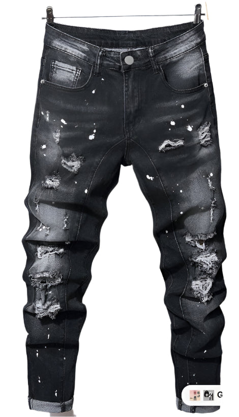 Men Cotton Splash Ripped Frayed Skinny Jeans (32)