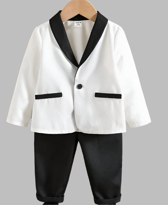 2pcs Baby Boy Winter White & Black Contrast Collar Cardigan Jacket and Elastic Waist Pants