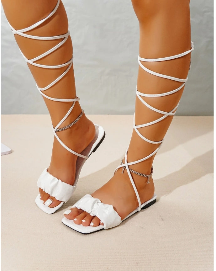 Women's Flat Lace-Up Square Toe Sandals (38)