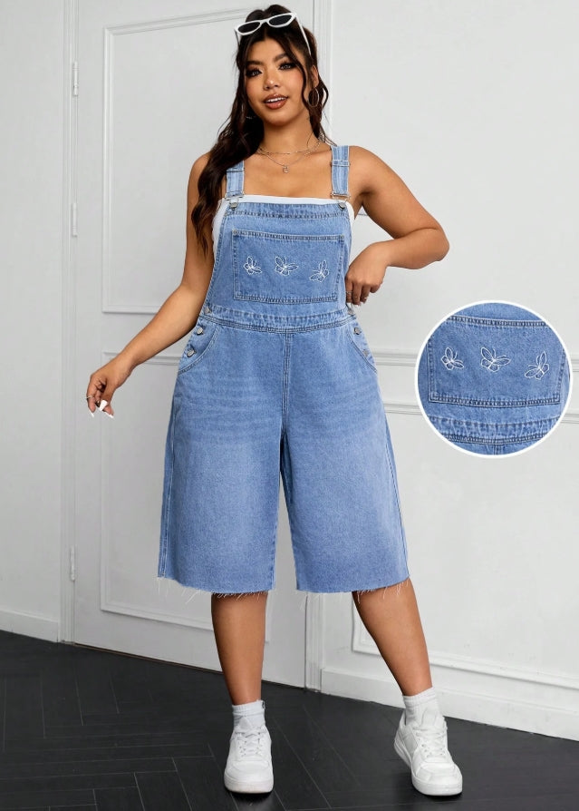 Women's Butterfly Embroidered Wide Leg Casual Denim Overalls XL