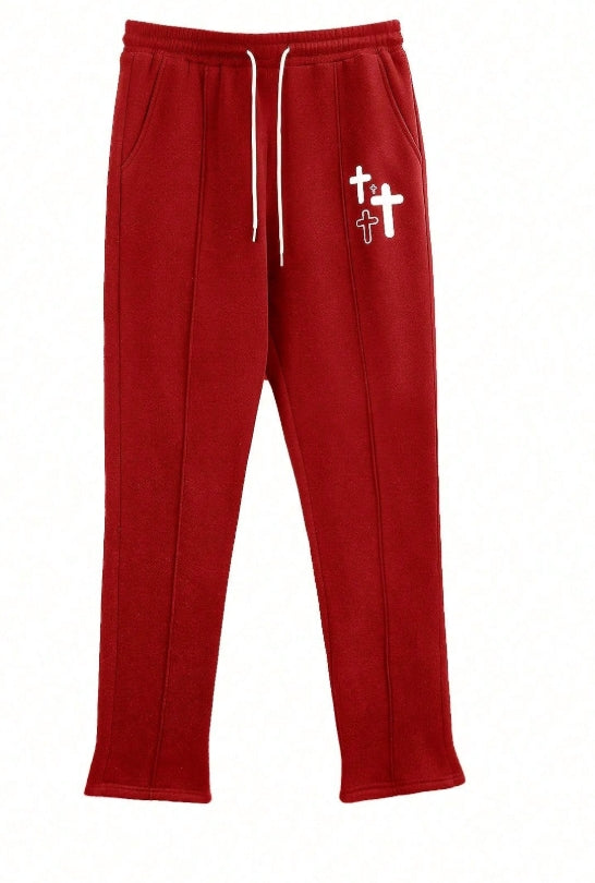 Men's Cross Pattern Drawstring Waist Insert Pocket Red Sweatpants (M)