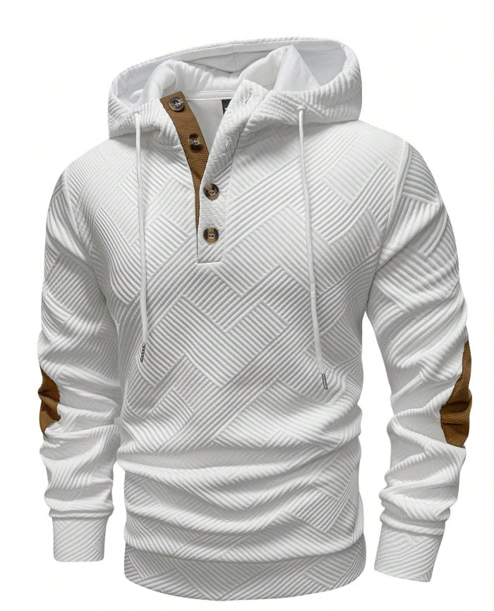 Men's Casual Contrast Texture Half Button Drawstring Hoodie (M)