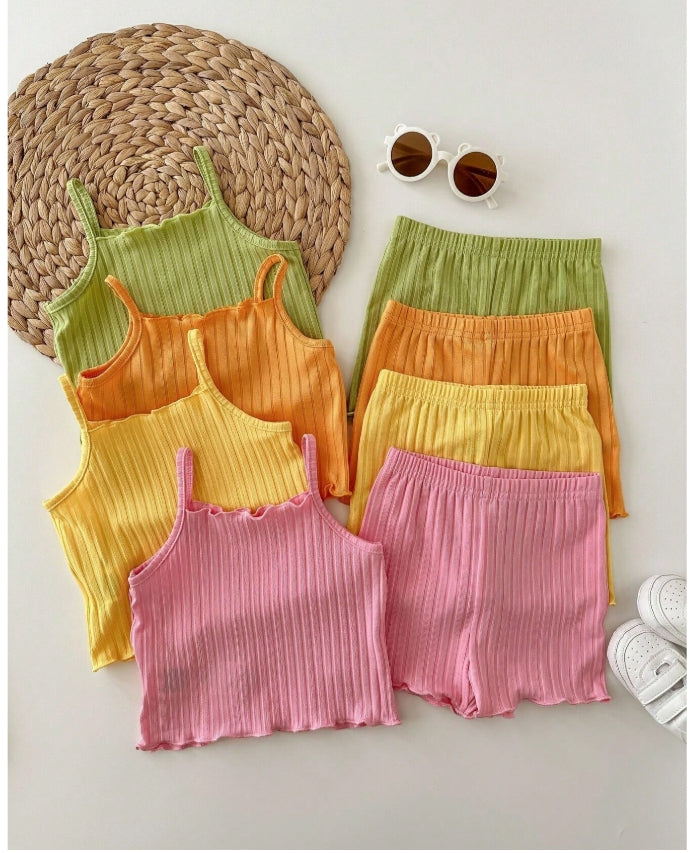 Baby Girl's Casual Solid Color Knitted Tank Top and Shorts Outfits (2-3YRS)
