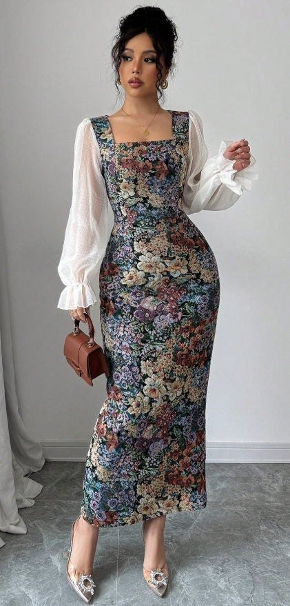 Multi-Color Patchwork Print Bodycon Long Sleeve Dress (XL)