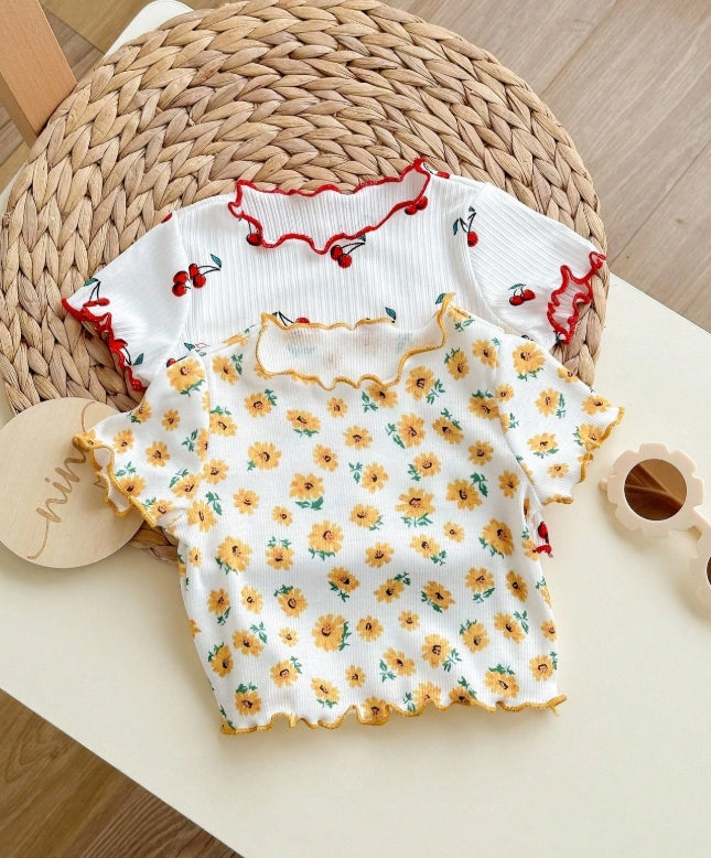 2 Pc Baby Girls' Casual Floral & Cherry Pattern Short Sleeve Tops