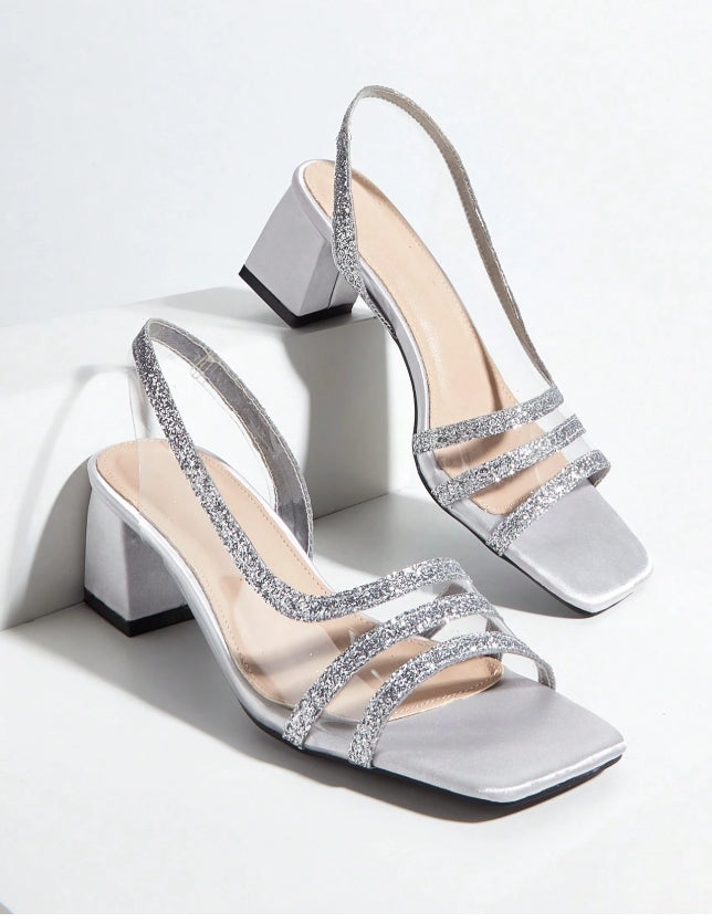 Glitter Decor Chunky Heeled Slingback Sandals