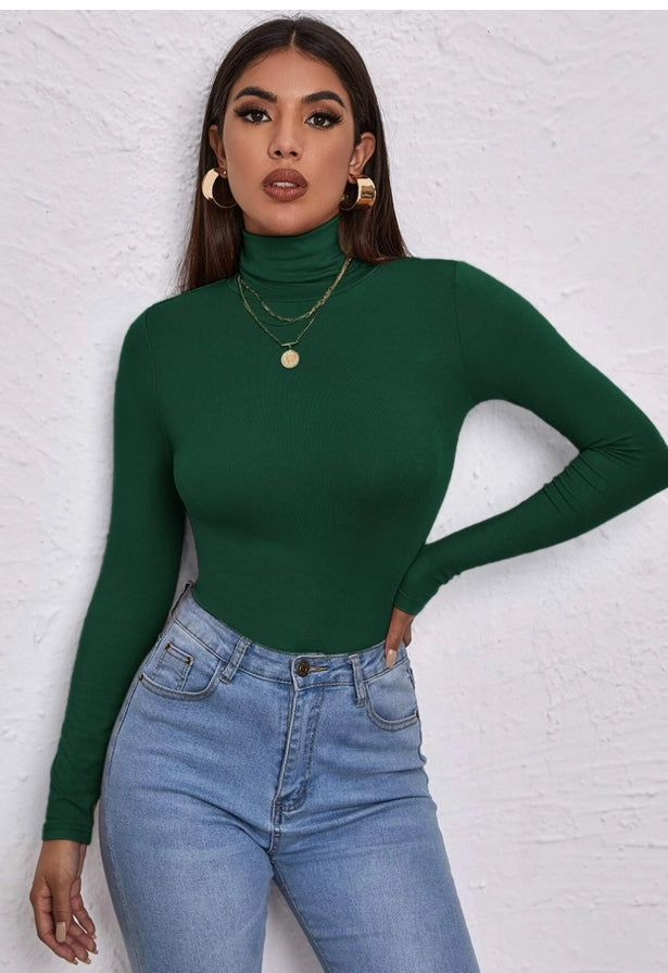 Women's High Neck Fitted Green Elastic Long Sleeve Turtleneck T-Shirt (large)