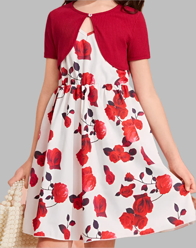 Girl's Floral Print Cami Dress & Single Button Crop Tee ( 11-12Y)