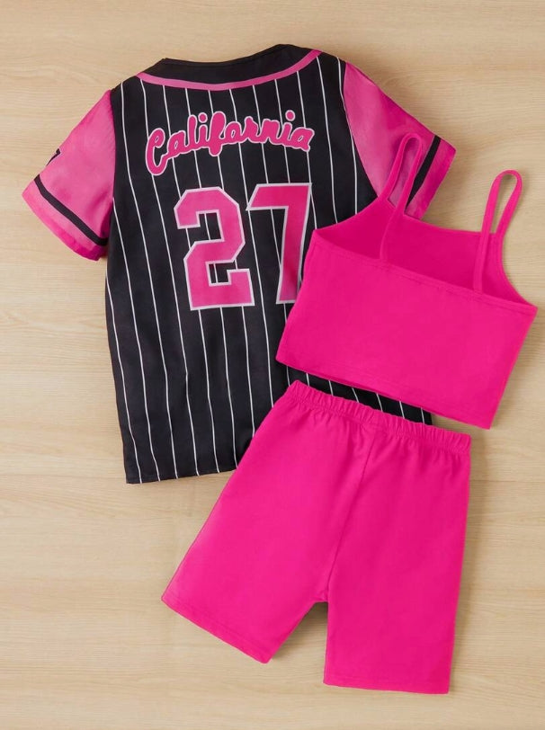 Tween Girl Striped & Letter Graphic Shirt with Shorts & Cami Top