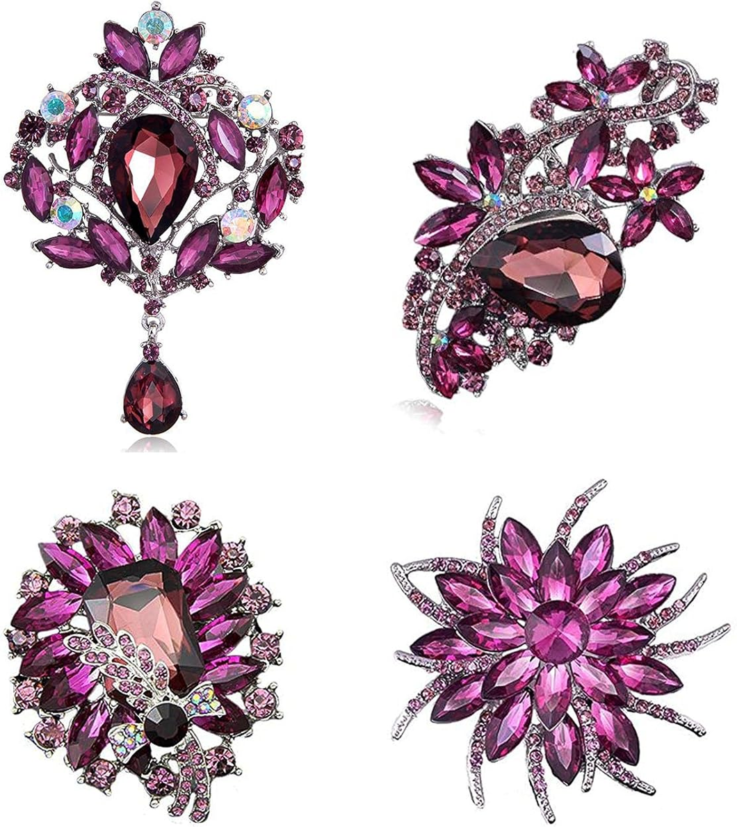 Ezing 4pcs Purple Crystal Rhinestone Brooches for Wedding Bouquet Decoration