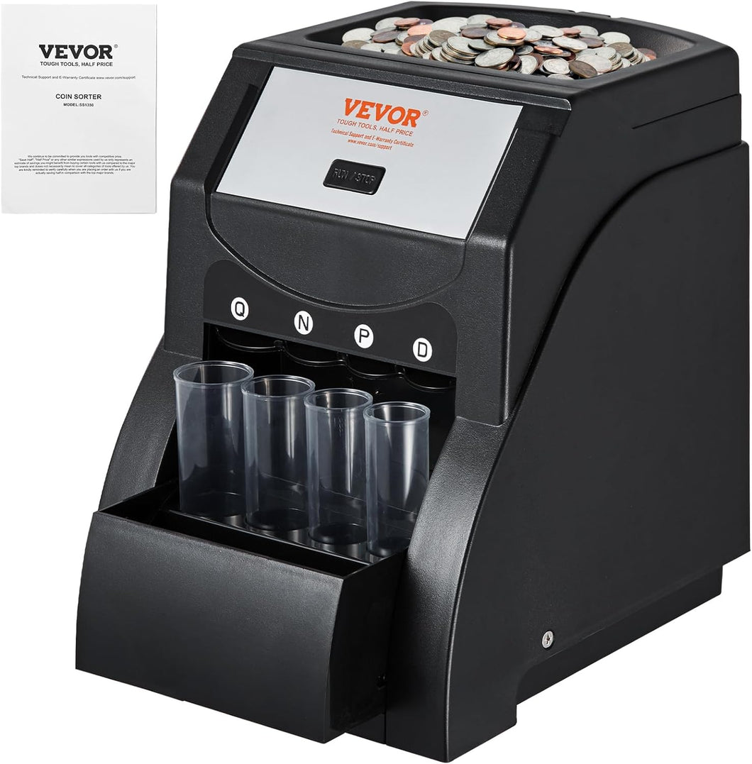 VEVOR Coin Sorter Organizer for USD Coins, Sorts 1¢, 5¢, 10¢, 25¢, 230 Coins/Min, includes 4 Coin Wrapping Tubes, Capacity of 200 Coins, Black