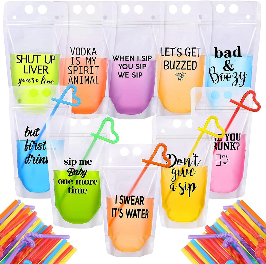 100Pcs double zip pouches drink Bags with 100 Straws,