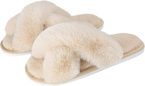Women's Fuzzy Cross Band Indoor/Outdoor Soft Open Toe Slippers (38-39) Khaki