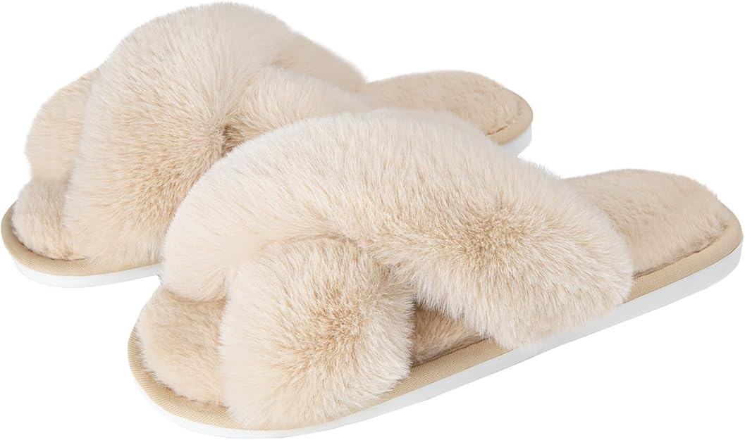 Women's Fuzzy Cross Band Indoor/Outdoor Soft Open Toe Slippers (38-39) Khaki