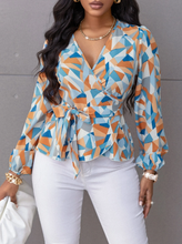 Load image into Gallery viewer, Random Geo Print Belted Blouse
