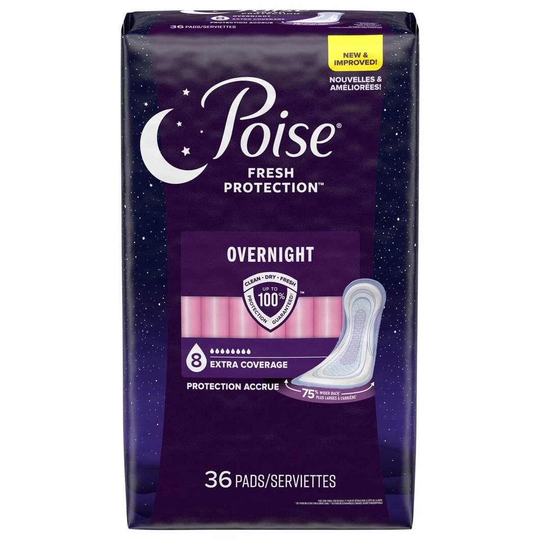 Poise Overnight Pads 8 Extra Coverage Protection 36 Count