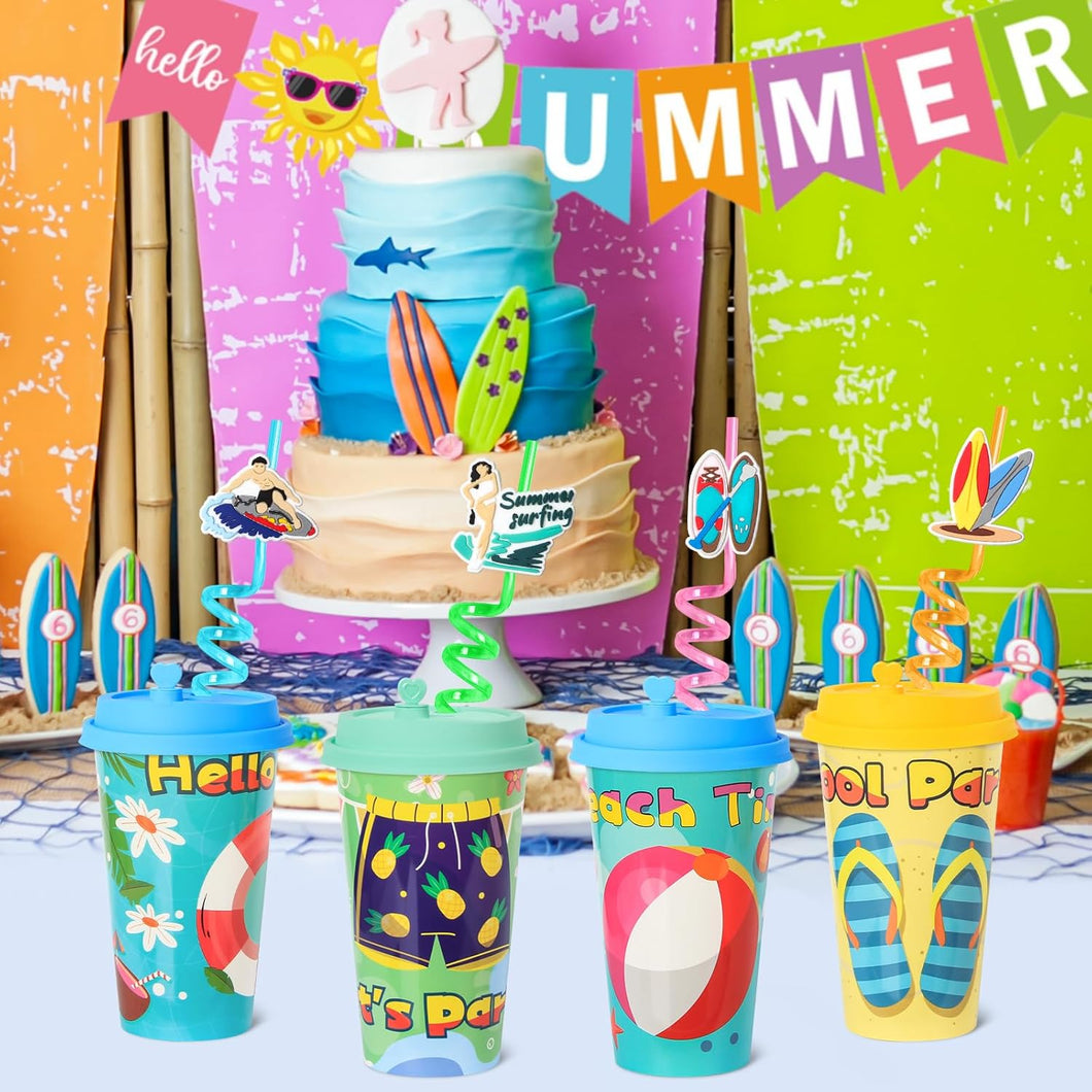 24 Pack 16oz Summer Party Kids Cups with Lids & Straws