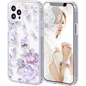 PROBIEN Clear Floral Case for iPhone 12 Pro Max, Phone Case Purple Rose Flower Soft TPU Slim Bumper Shockproof Protective Phone Case for Women Girls 6.7" - Light Purple Rose