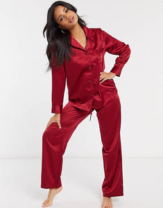 Ralph Lauren Satin Notch-Collar-Pajama Set Color: Red Size: Large