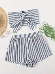 SHEIN VCAY Two Tone Striped Knot Front Crop Tube Top & Shorts Set Size: XS
